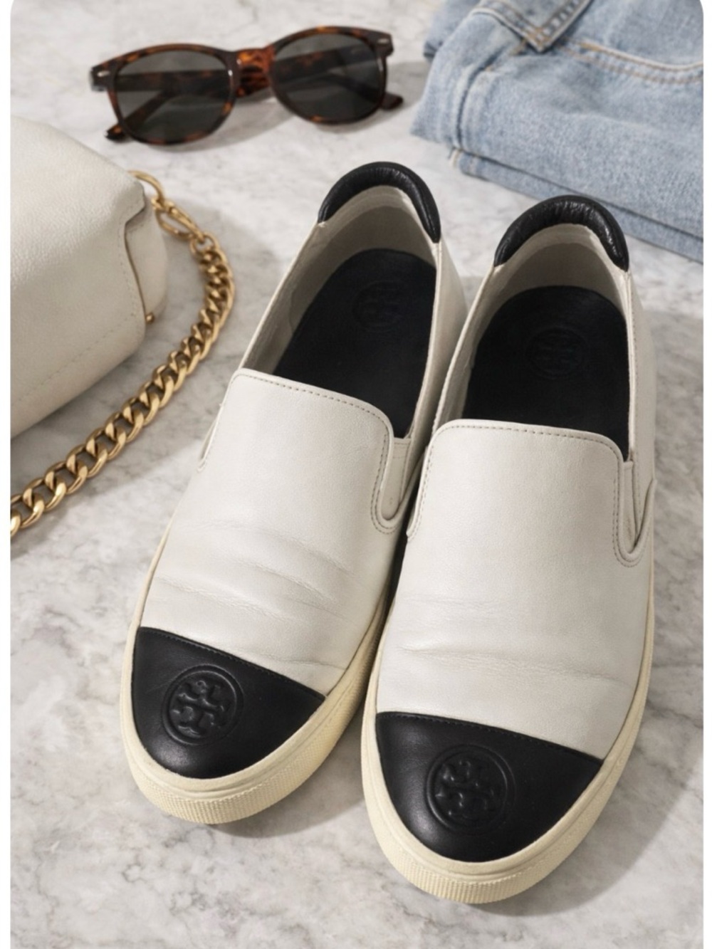 Tory Burch Colorblock Slip-On Sneakers – White/Black Leather Logo Size 8